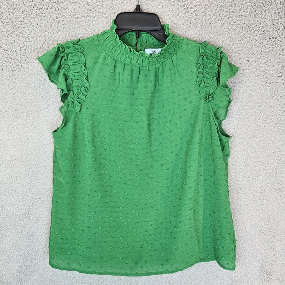 CeCe Womens Top Sz S Green Swiss Clip Dot Mock Neck Ruffles Teacher Career - Picture 2 of 12